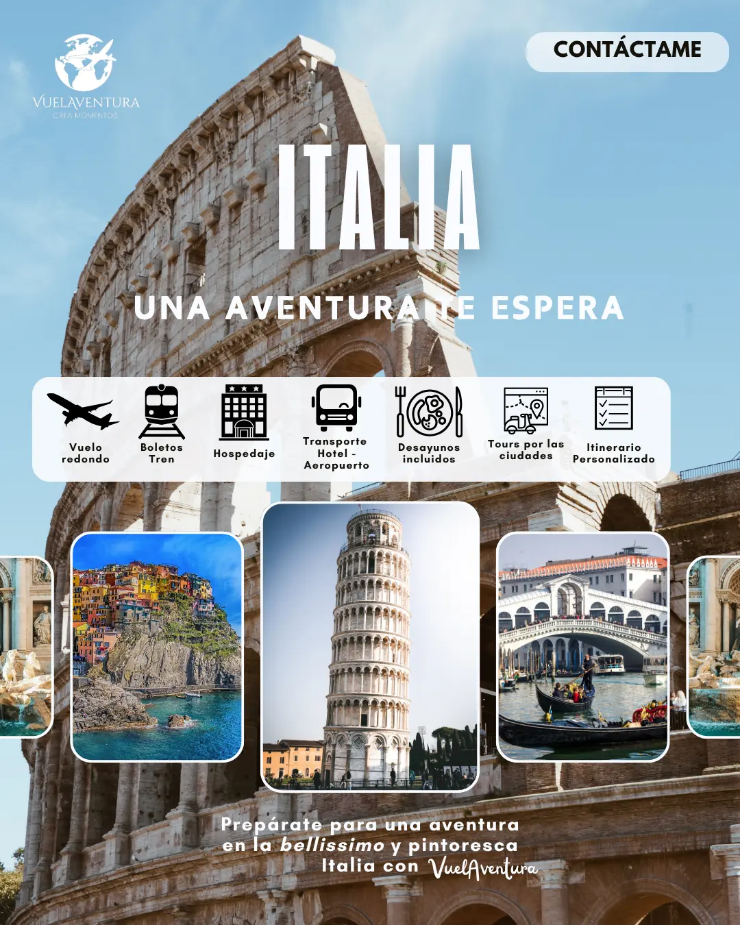 Italia — vuelos, tren, hospedaje y desayunos incluidos